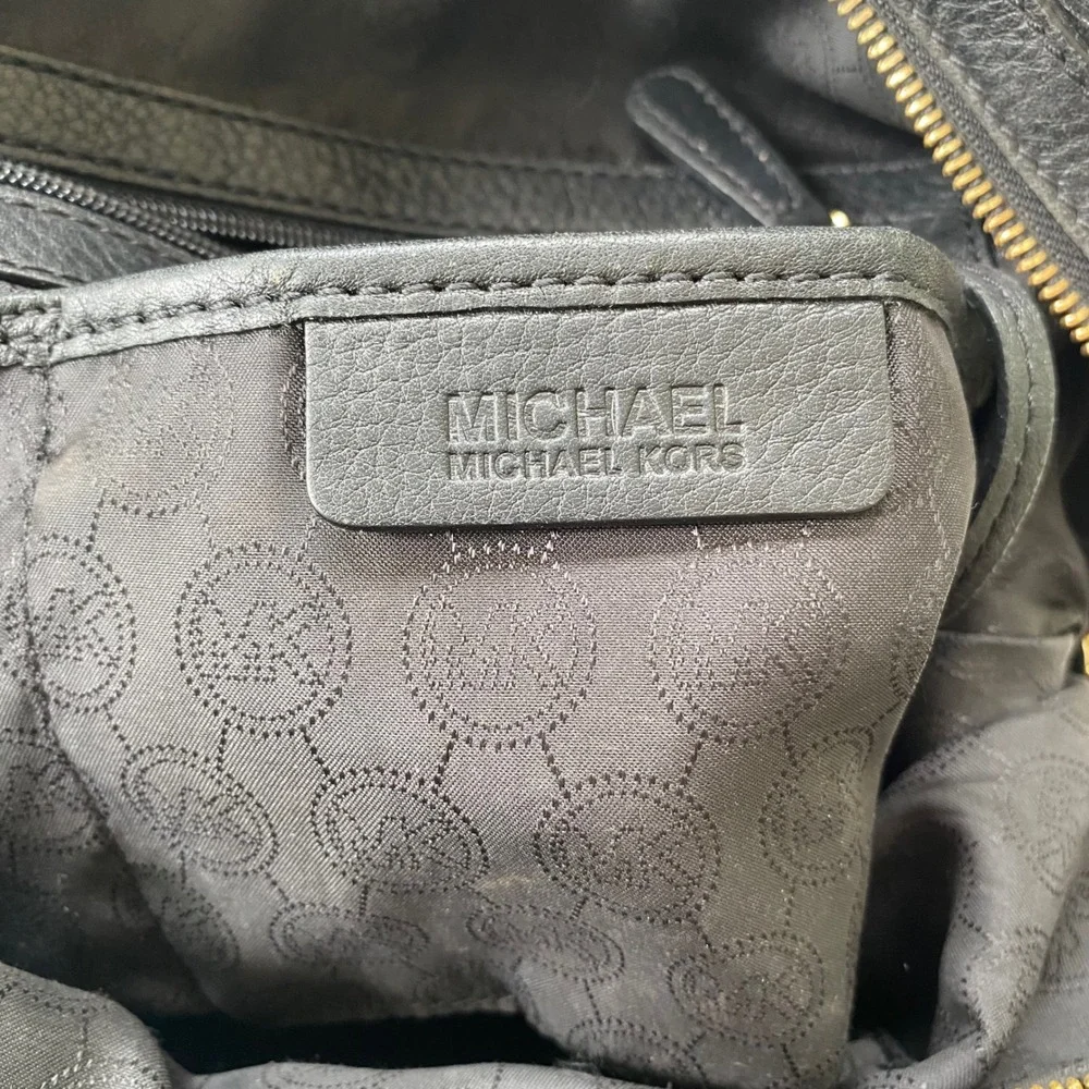 Michael Kors Satchel Handbag Black Pebbled Leather Gold Buckle Hardware Classic